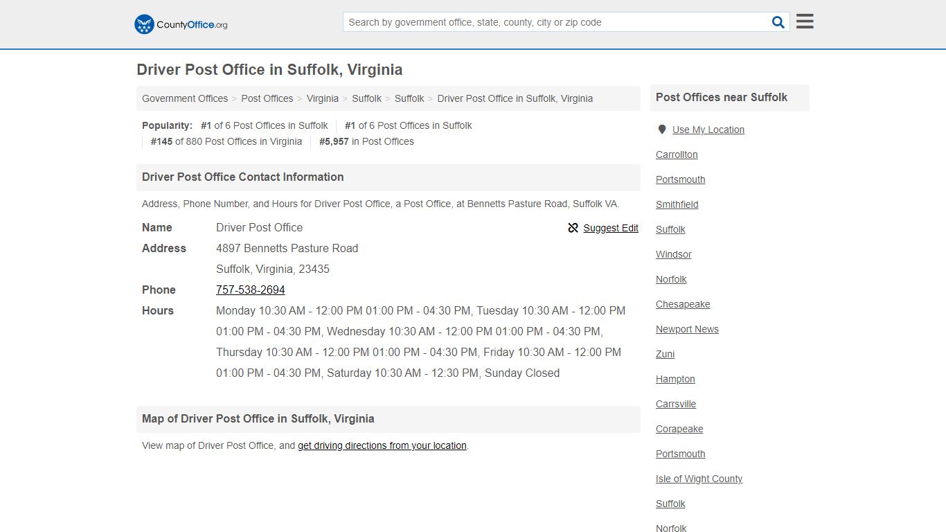 Driver Post Office - Suffolk, VA (Address, Phone, and Hours)